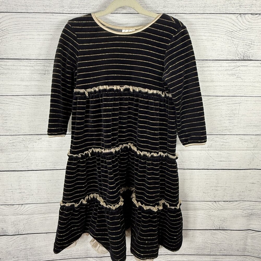 Hanna Andersson Black with Shimmering Gold Stripes and Ruffles A-line Sz 8